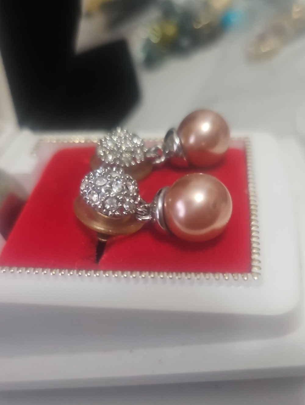 Pink Pearl Drop Earrings In Plated Brass Rhinestone Encrusted Pave Ball. - Picture 4 of 10